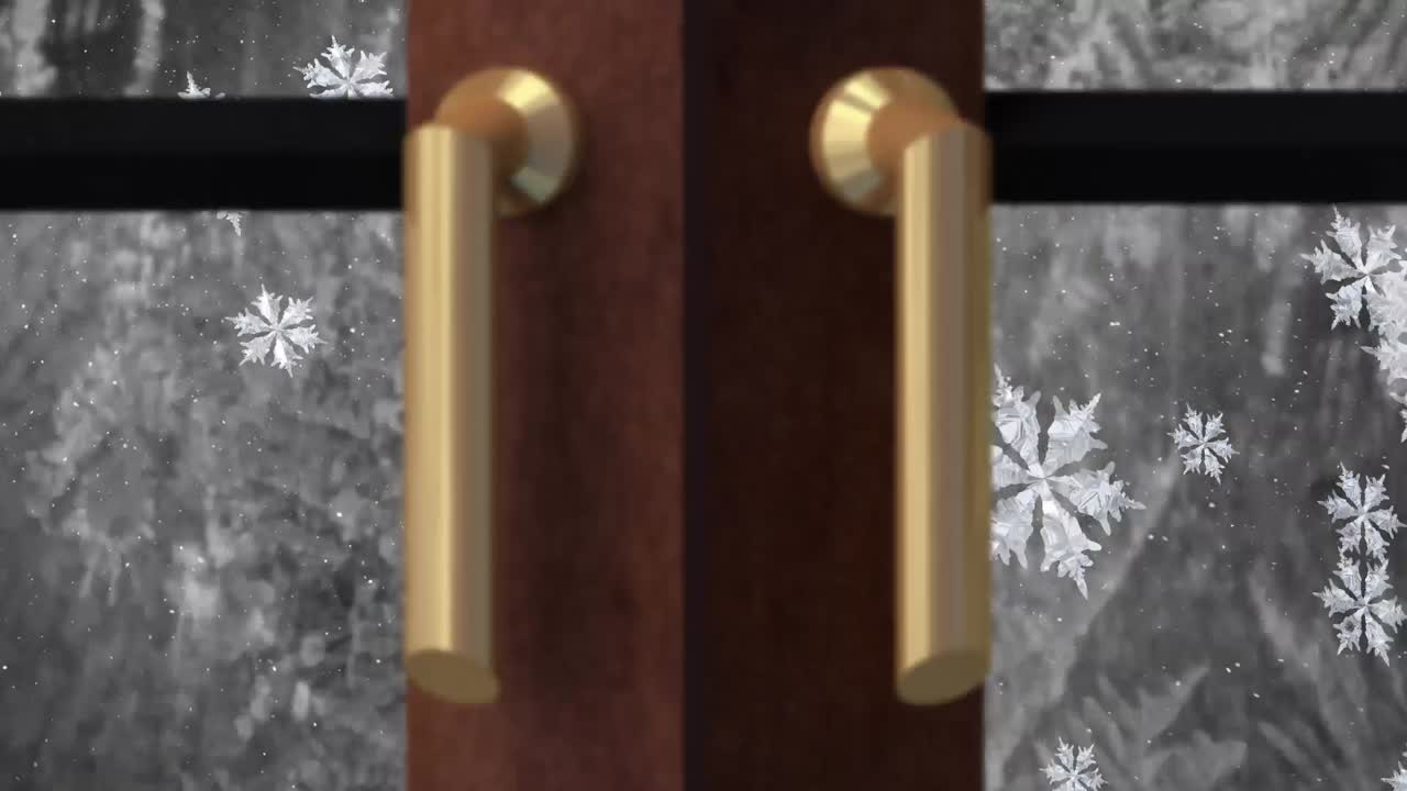 animación del árbol de navidad con nieve cayendo vista a través de la ventana sobre un fondo gris