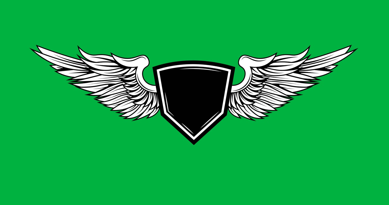 Animazione digitale di un elemento di design del logo con ali e spazio per il testo su sfondo nero