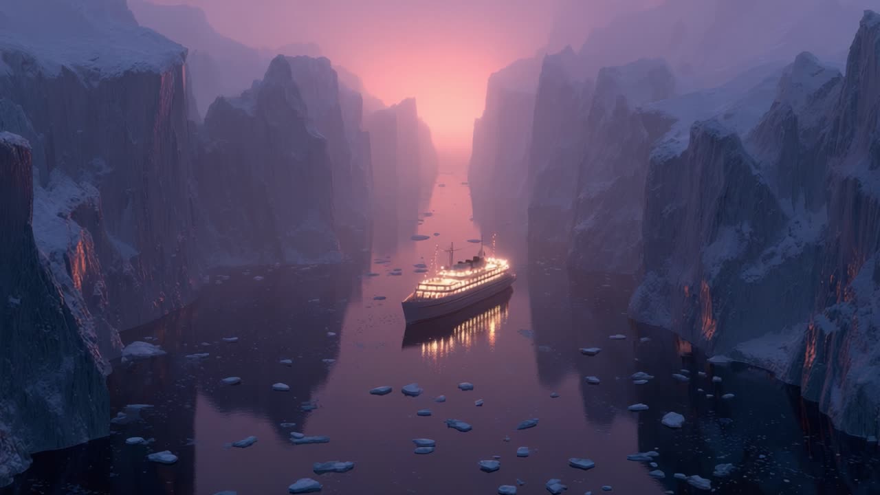 A majestic ship navigates through a serene, icy fjord at twilight, surrounded by towering glaciers and floating icebergs, creating a breathtaking winter landscape