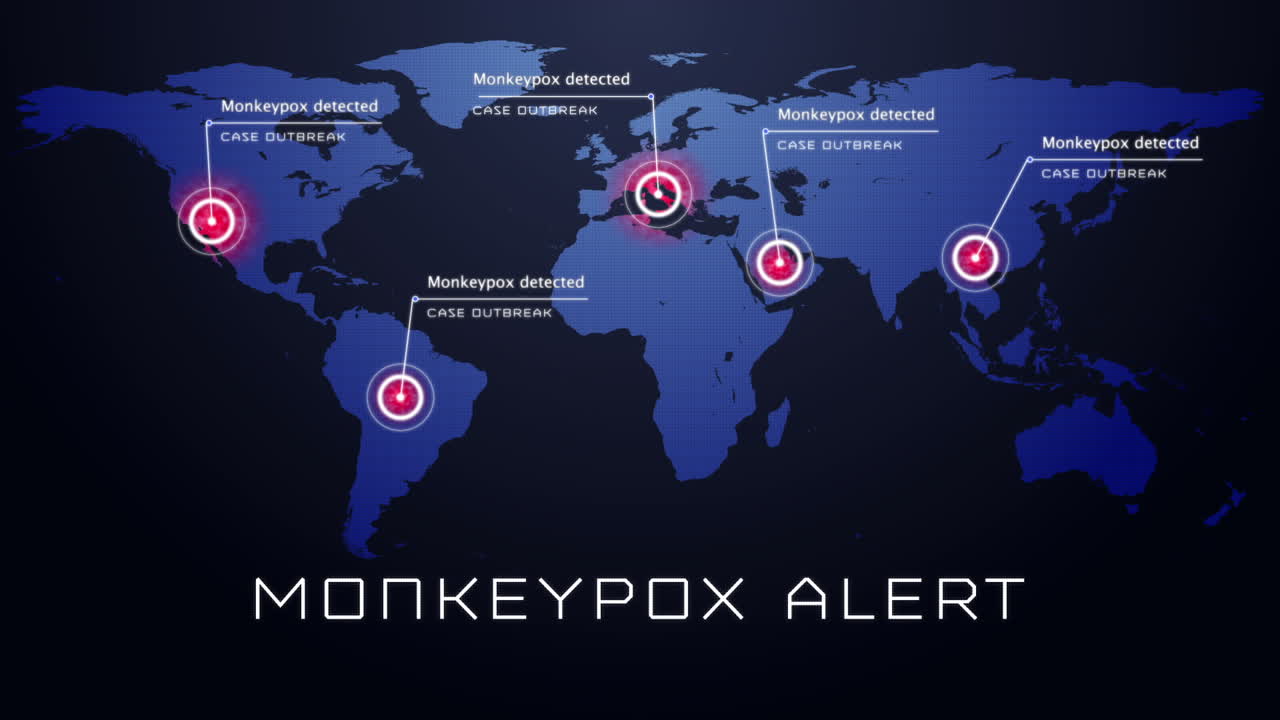 animación de texto de viruela del mono y mapa del mundo sobre fondo negro