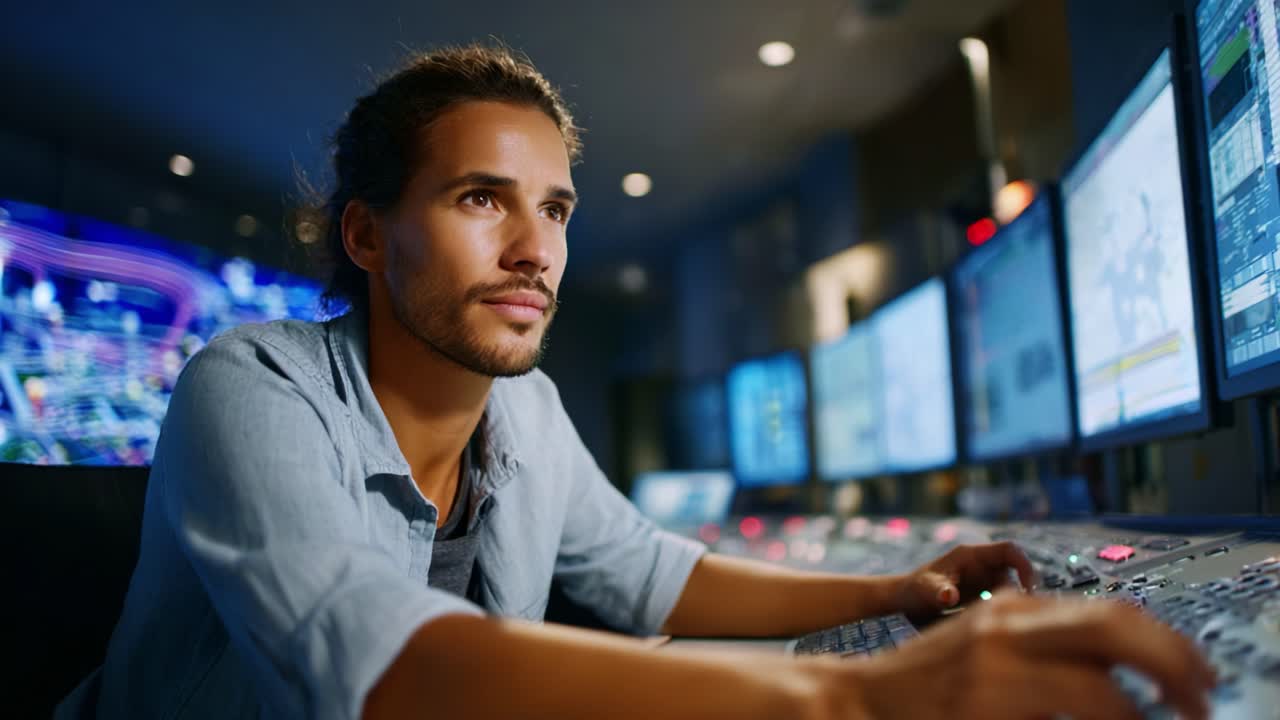 Focused Operator Engaged in Technical Operations, Skillfully Adjusting Controls in a High-Tech Environment Filled with Monitors and Digital Displays