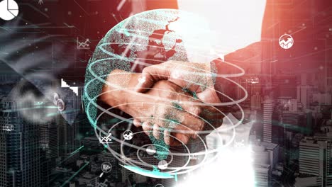 apretón de manos conceptual de negocios con tablero para el análisis de datos financieros