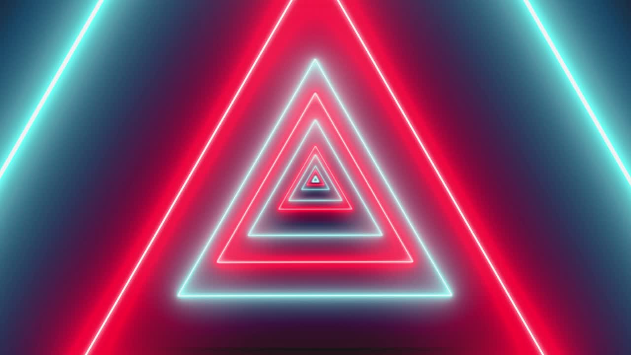 Seamless flight through an endless tunnel of alternating red and cyan glowing neon triangles on a dark background. For gaming or retro visuals