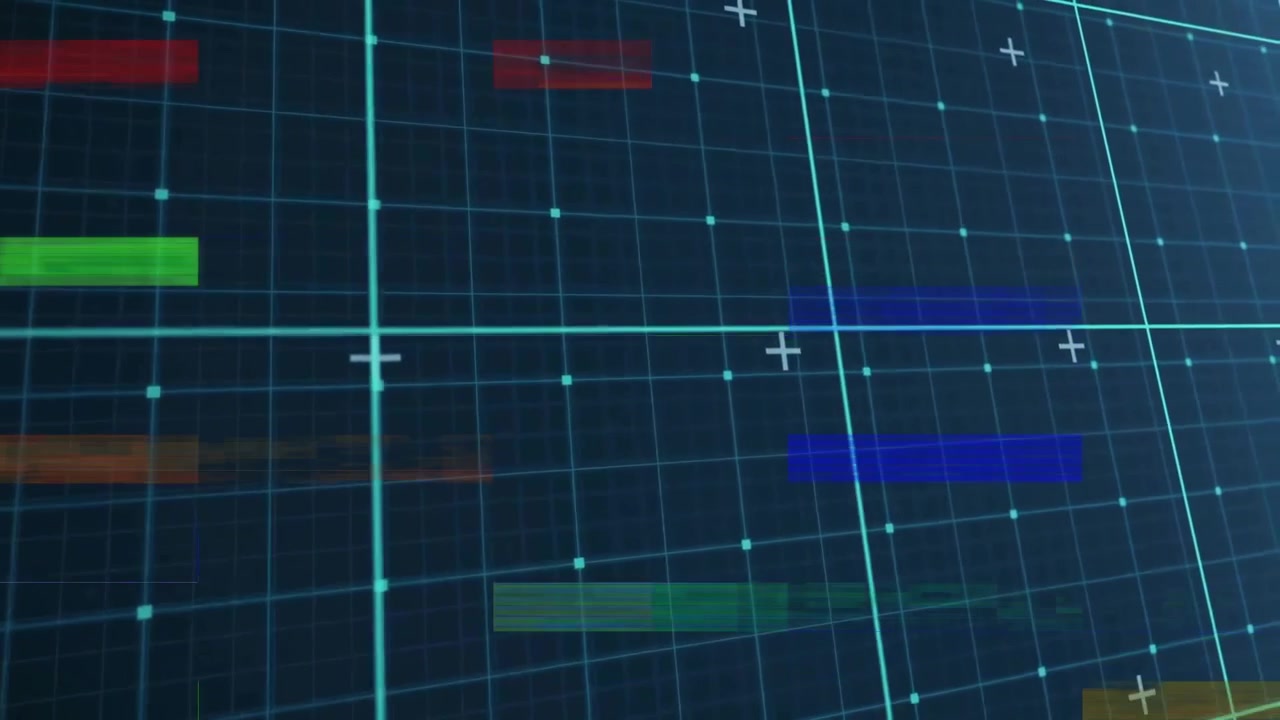 Starting green bar sliding across blue void, colored bars traversing panning cyan grid showing data
