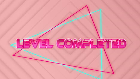 Animation of level completed text in pink metallic, over neon lines on pink diamond shapes