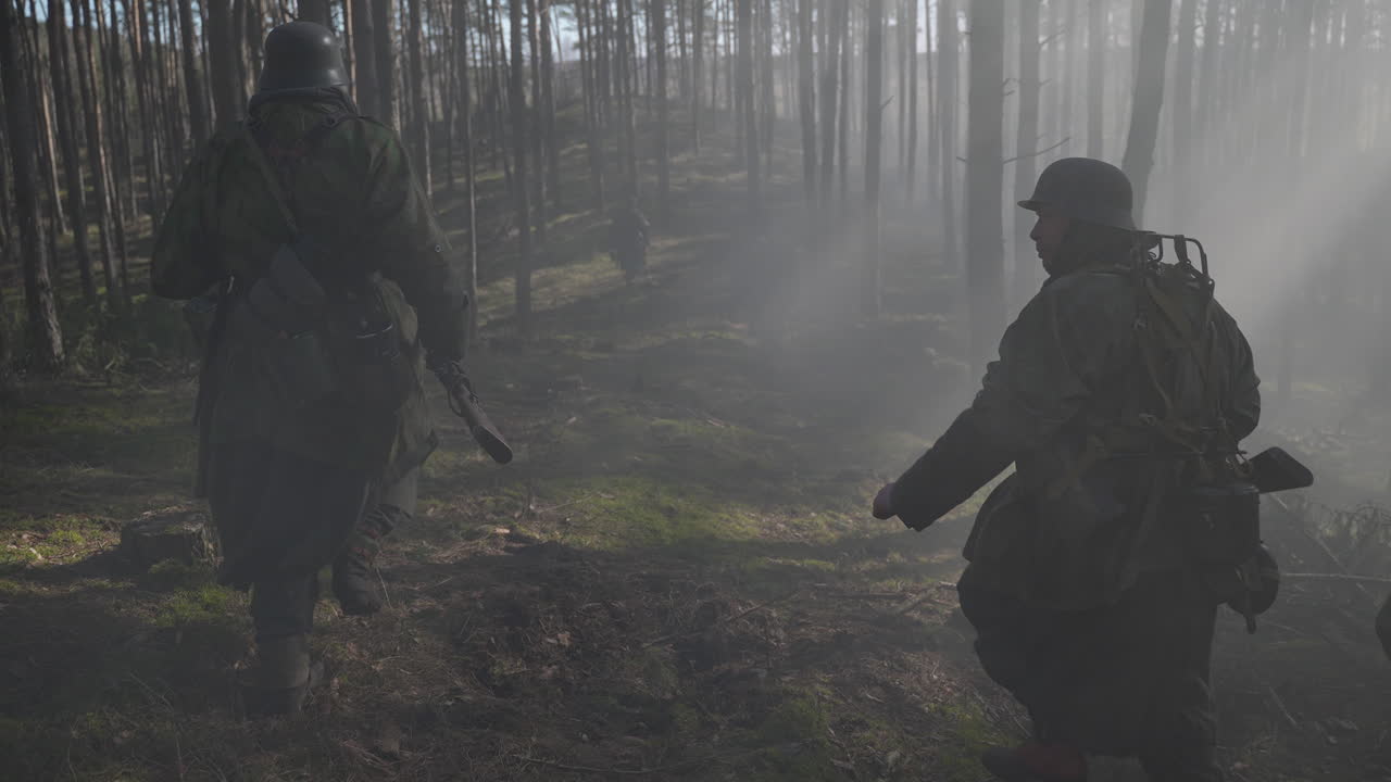 German Soldiers in a Foggy Forest During World War II