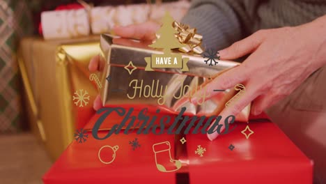 animation of christmas greetings text over caucasian family with present at christmas