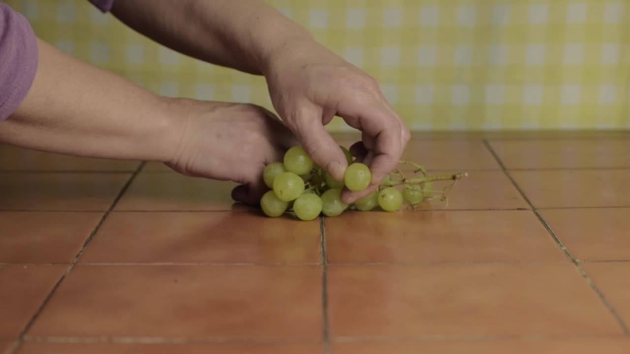 recogiendo a mano un racimo de uvas blancas para comer tiro medio.