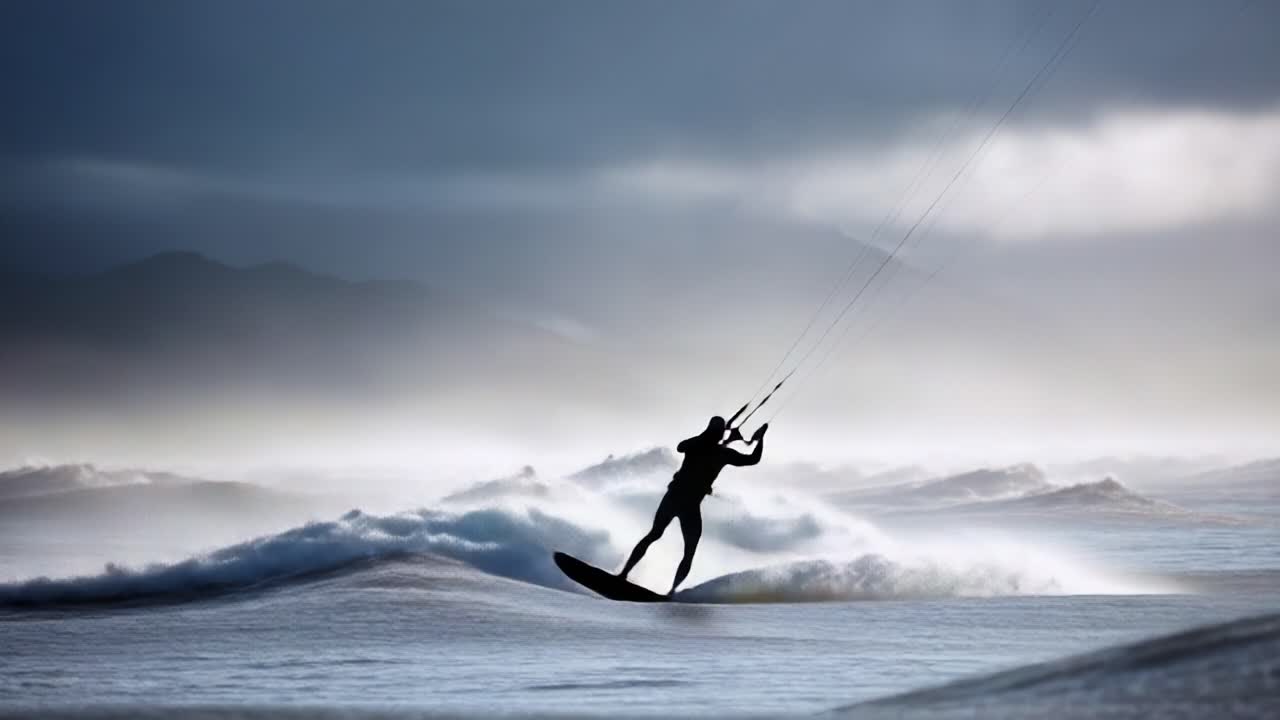 A lone kitesurfer skillfully navigates the powerful waves and winds of the sea, showcasing the thrill and beauty of extreme water sports in a stunning coastal landscape