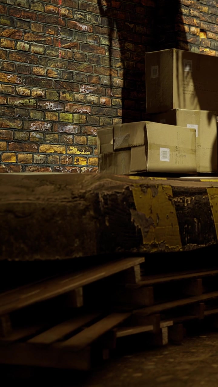 Scatole di cartone impilate in un magazzino rustico di notte.