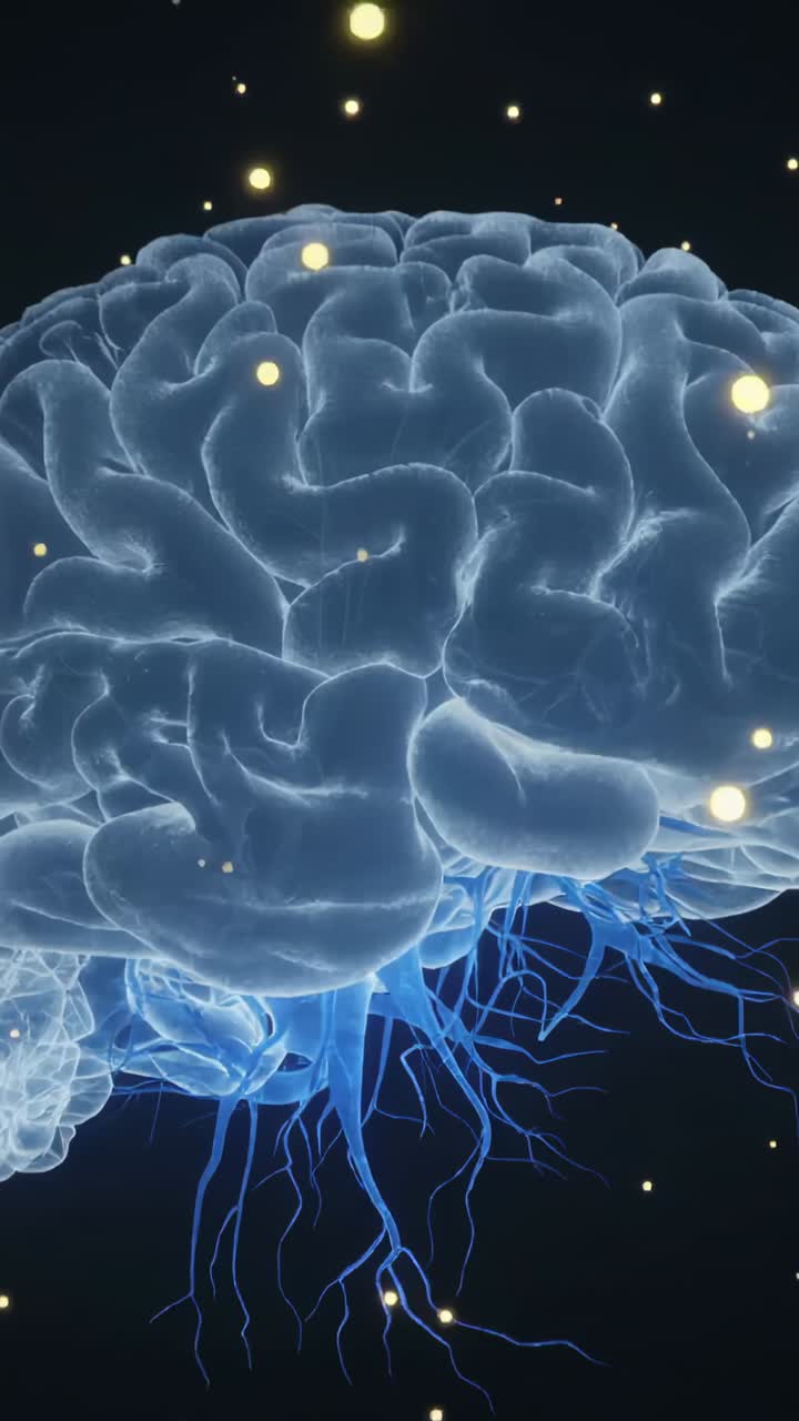 Vertical video: Zooming cam showing brain rotating and glowing in space, blue roots and gold nodes