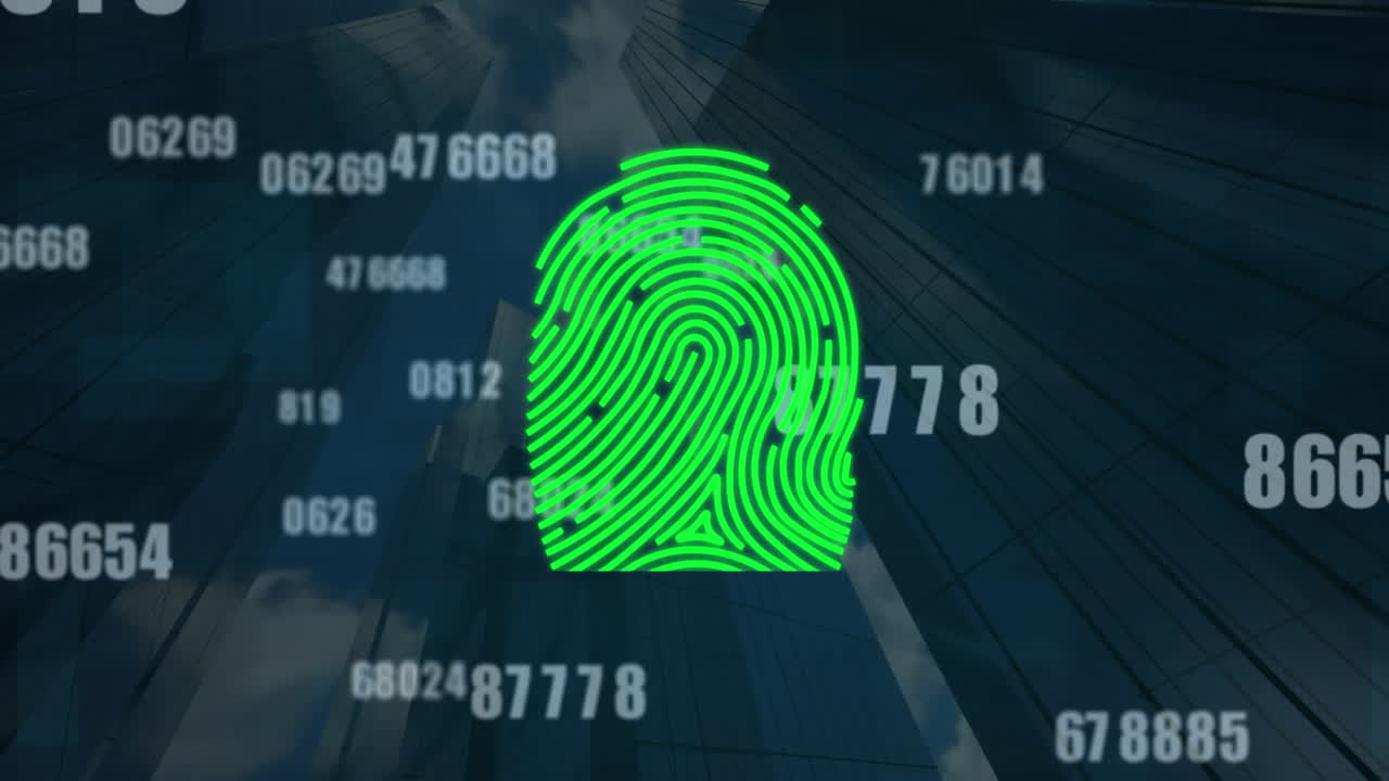 Animation of scanning fingerprint, changing numbers, low angle view of buildings against cloudy sky