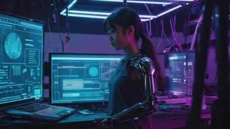woman with bionic arm in futuristic cyberpunk lab