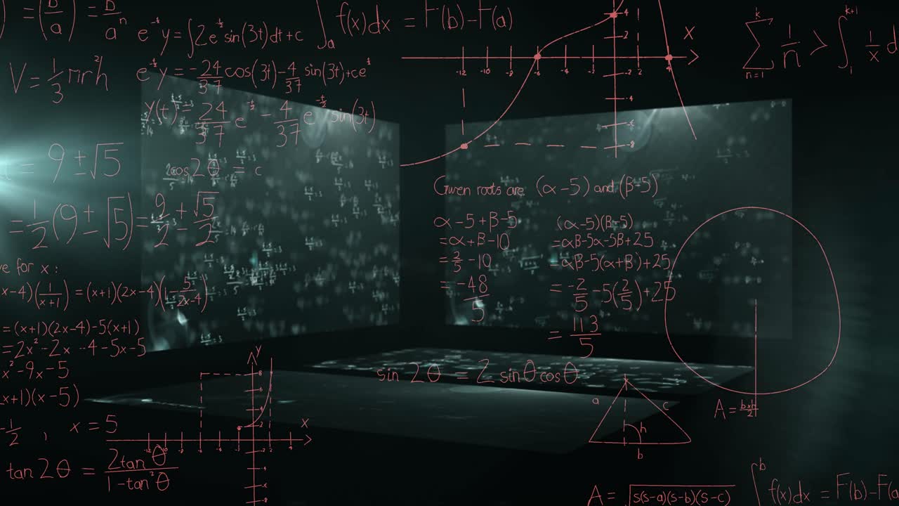 Animation of data processing and mathematical equations over screens