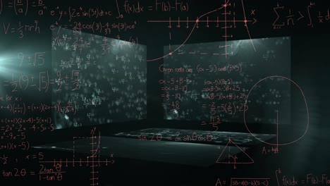 animation of data processing and mathematical equations over screens