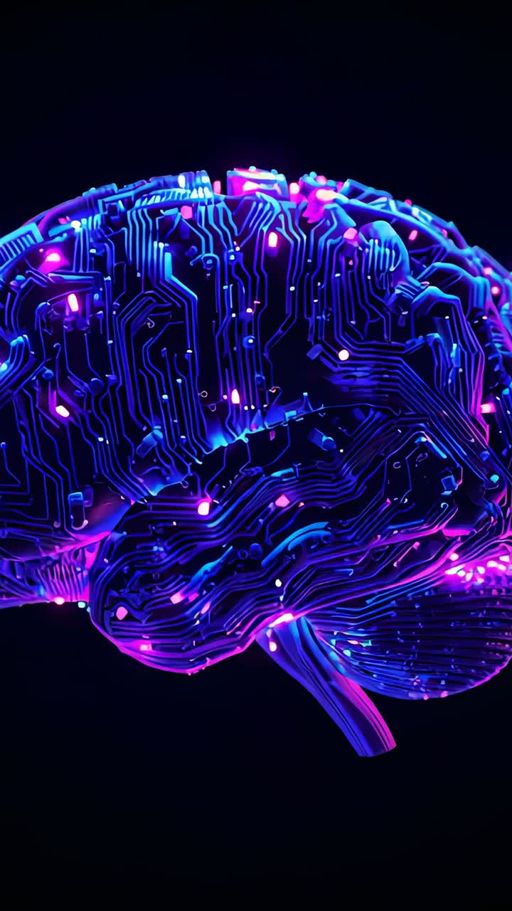 Vertical video: Rotating neon brain revealing cerebellum brainstem in void, pulsing nodes on play