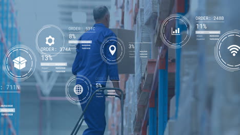 trabajador de almacén moviendo cajas, procesamiento de datos logísticos animación sobre la escena