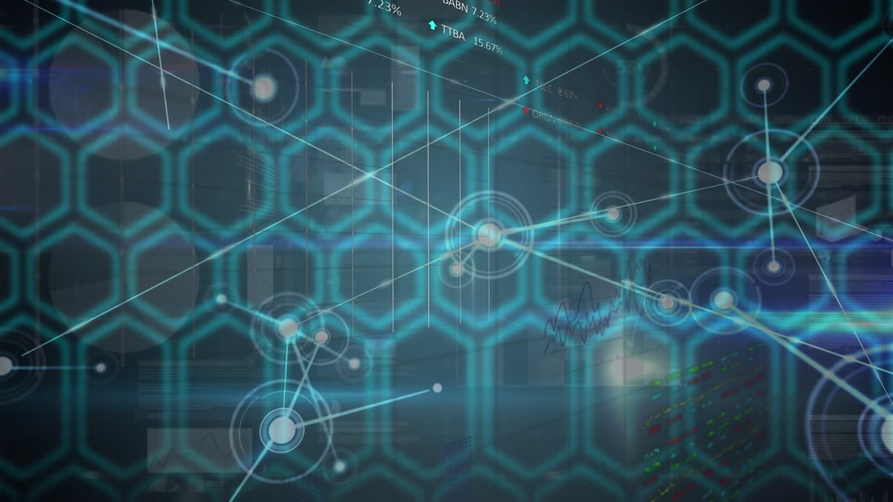 Animation of diverse financial data and network of connections over black screen with hexagons