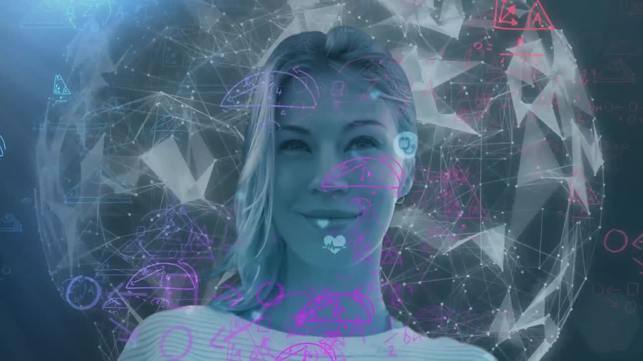 diagramas matemáticos sobre la mujer sonriendo contra el globo de redes de plexo