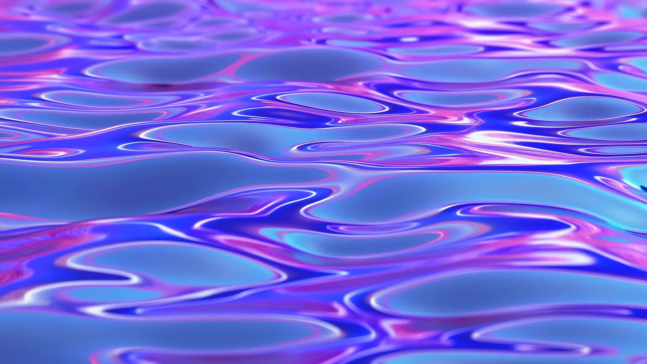 Close-up near-horizontal view of smooth viscous surface with glossy oval pools, low ridges, and iridescent reflections, highlights keep shifting across contours, creating vibrant abstract motion