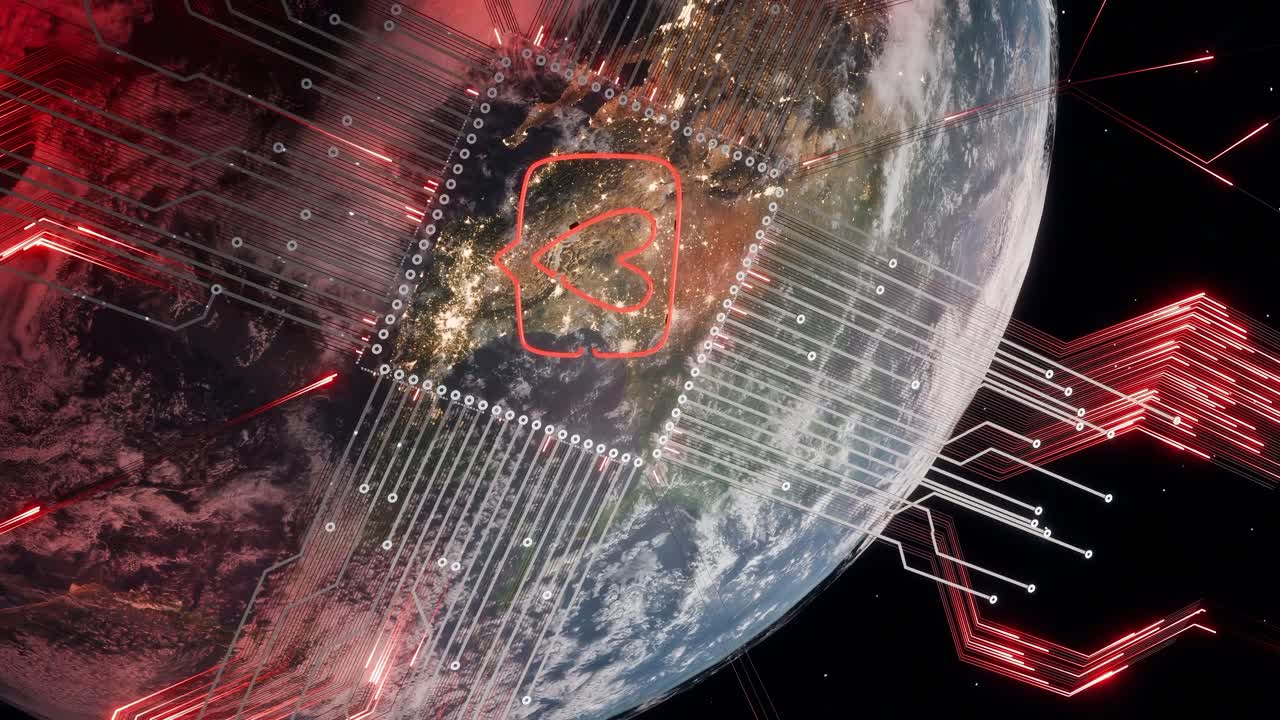 Planet Earth showing North and Central America from space with heart symbol inside chat bubble and red digital network lines. Social media communication and global connection wallpaper. vertical