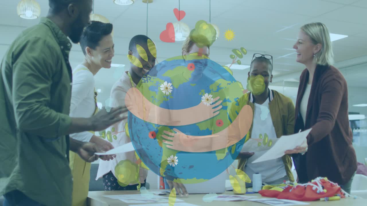 Animation of globe and data processing over business people in office