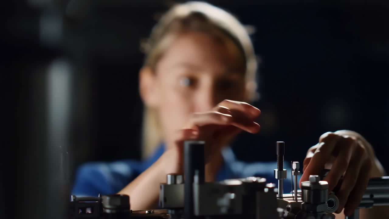 A woman working on a precision optical device