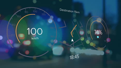 animación del tablero del velocímetro del coche y procesamiento de datos sobre las luces de la ciudad