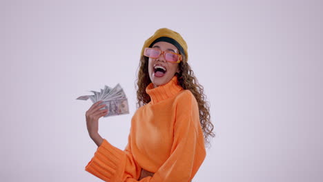 Happy-woman,-money-fan-and-savings-in-lottery