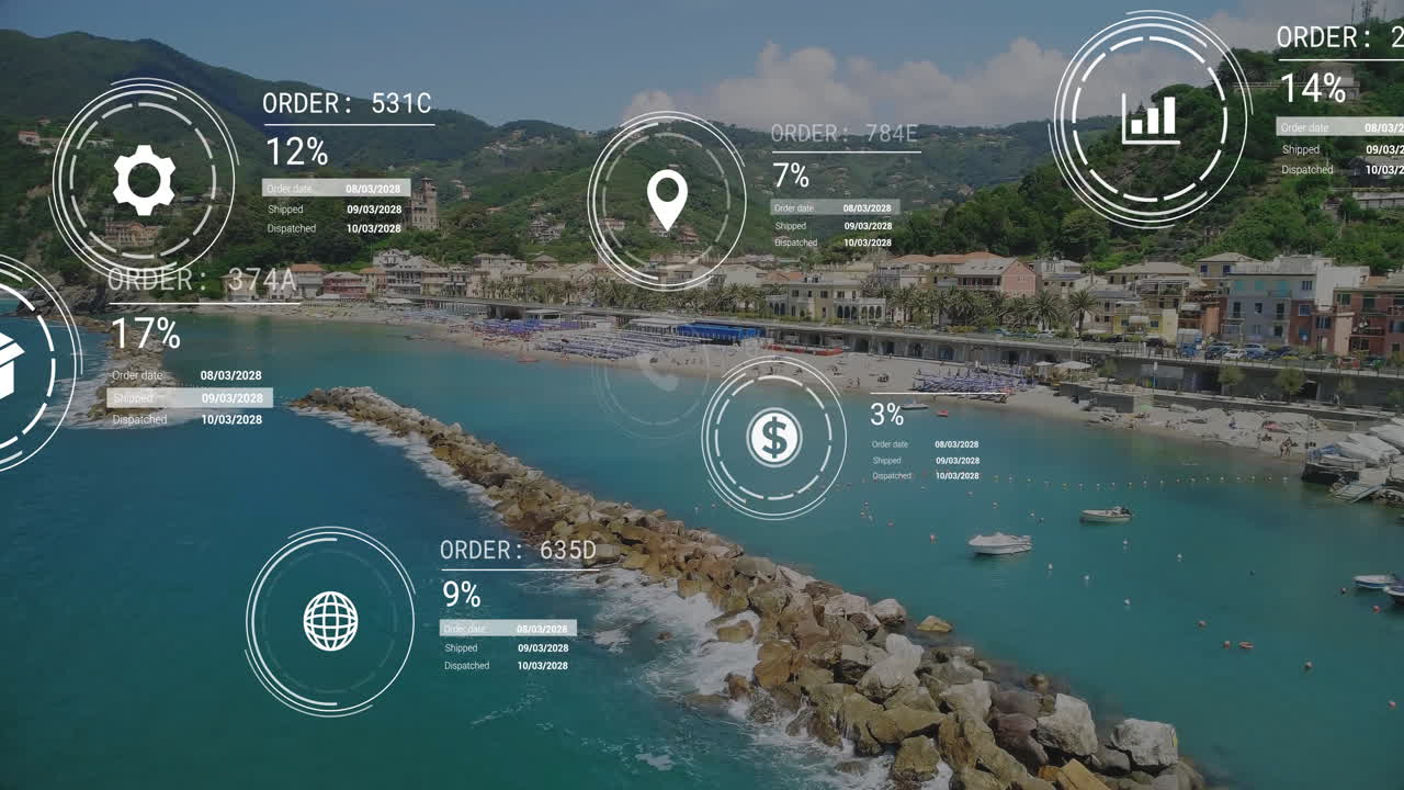 animación de la red de iconos y procesamiento de datos sobre el paisaje