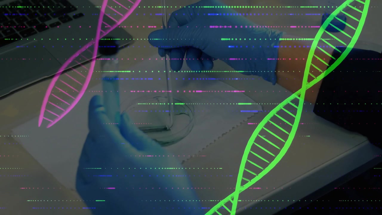 Gloved hands grabbing pipette, adding drops into dish for analysis with neon DNA helices drifting