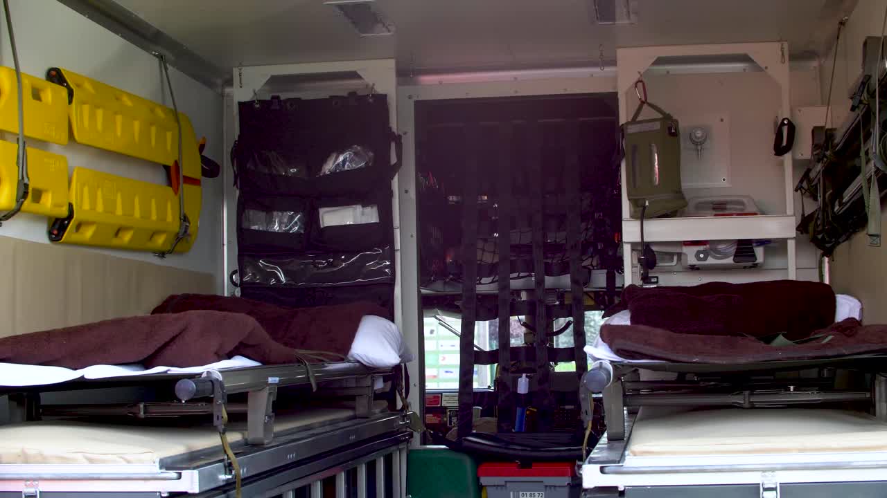 Military search and rescue van from the inside. Two paramedic beds in van.