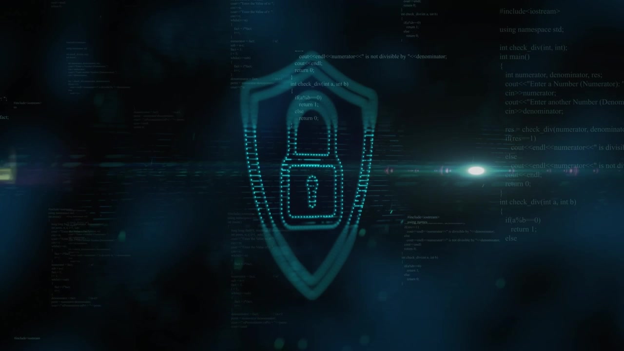 Animated Digital Security Shield with Padlock and Code