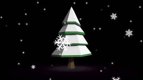 animation of snow falling over rotating fir tree on black background