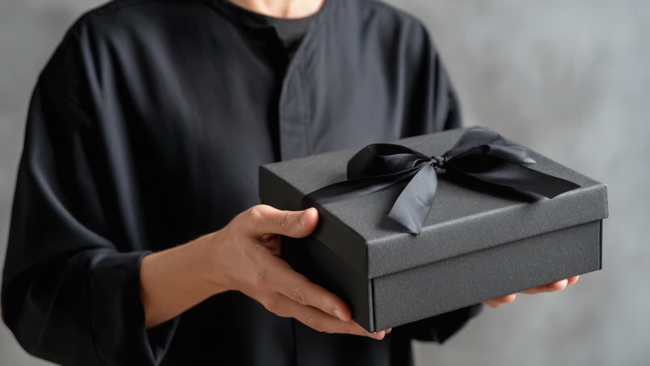 A person presenting an elegantly wrapped gift box adorned with a sleek black ribbon, showcasing the significance of special occasions and thoughtful gestures in our lives