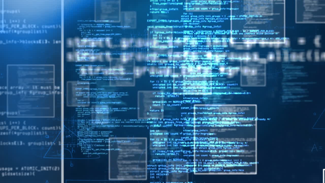 Programming code and data processing animation over blue digital background