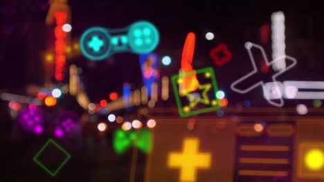 animation of neon video game digital interface flickering over out of focus traffic lights