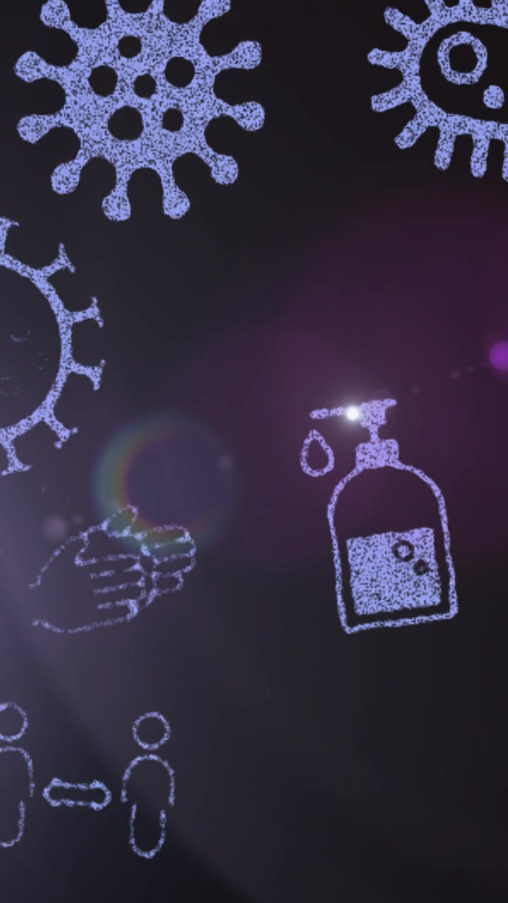 Animación de iconos de prevención de virus con símbolos de mascarilla, desinfectante y distanciamiento social
