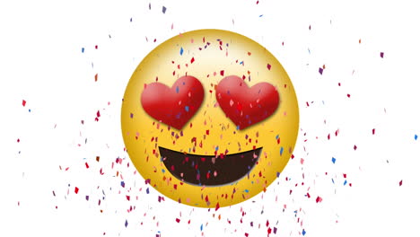 animation of multi coloured confetti falling over emoticon with hearts