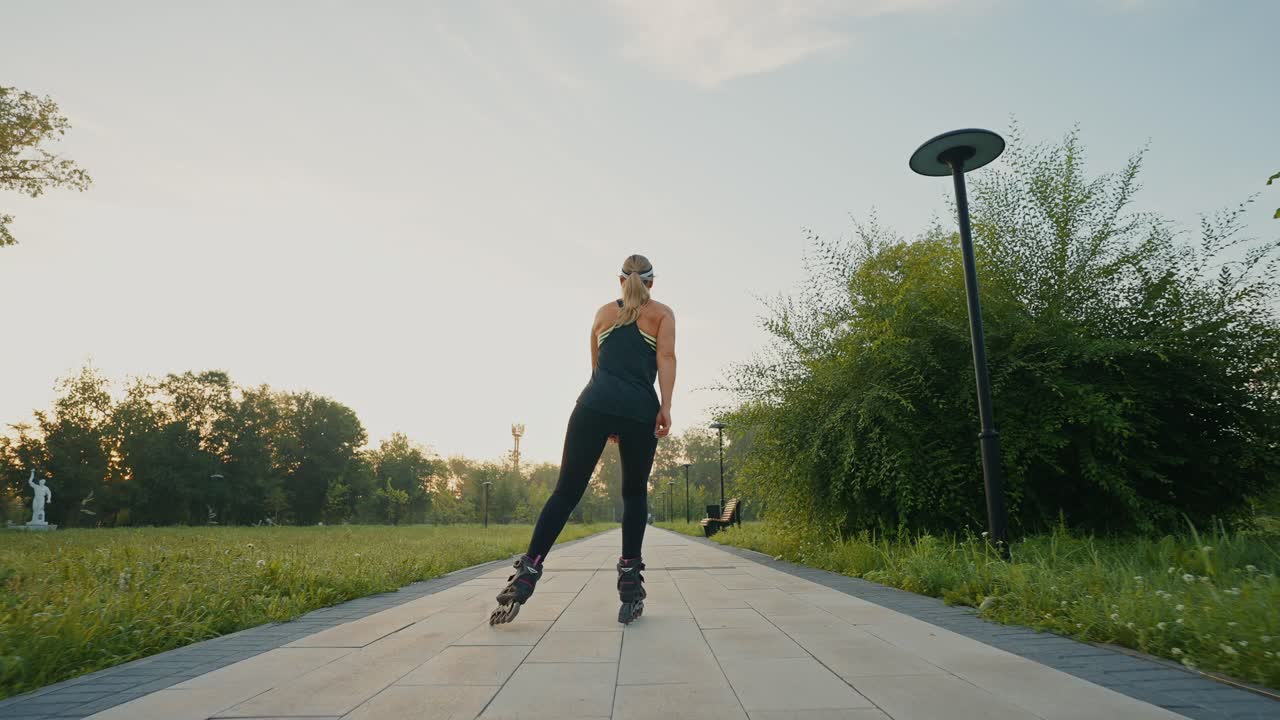 Woman Rollerblading in a Park at Sunrise