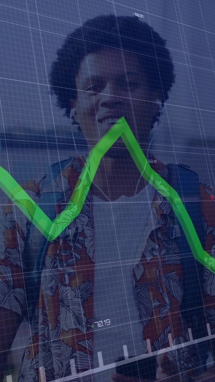 Vertical video: Man tapping device, green finance chart rising over face, tracking gains, smiling
