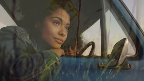 animación de una feliz mujer afroamericana relajándose en el coche sobre la hierba
