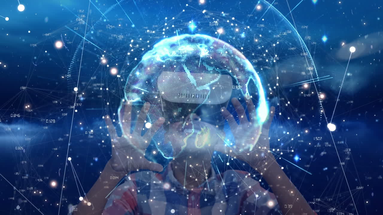Mujer usando realidad virtual con un globo terráqueo