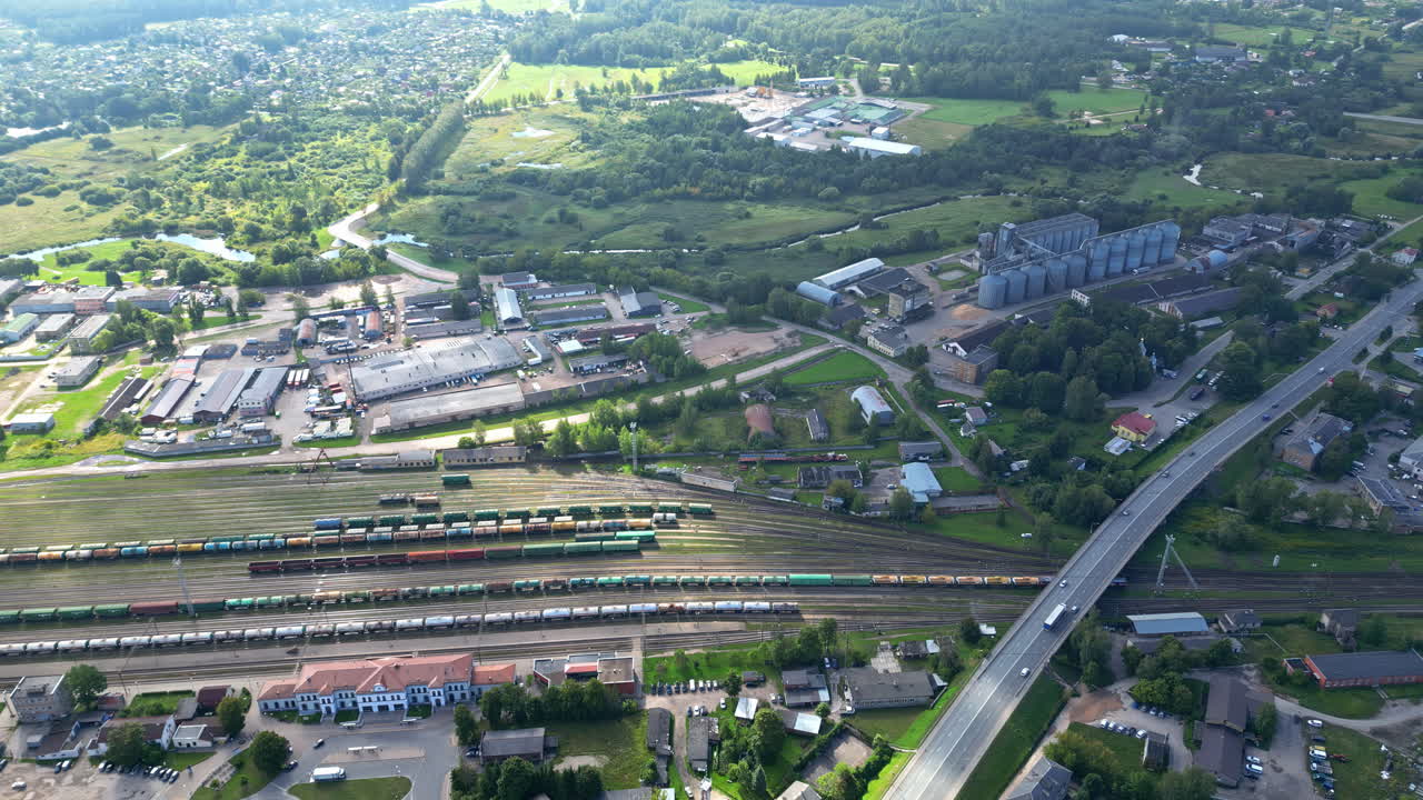Industrial train Riga port railway station cargo transportation aerial Latvia