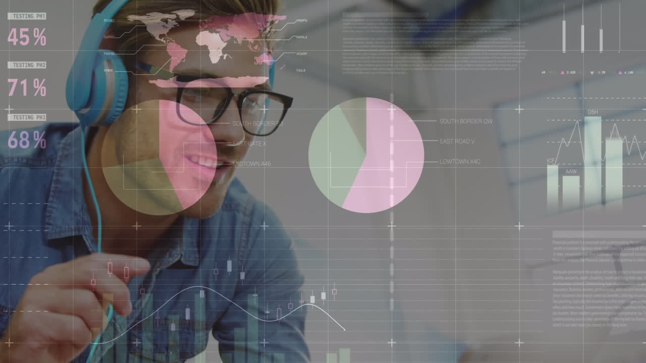 animación de procesamiento de datos estadísticos contra hombre caucásico escuchando música y usando tableta