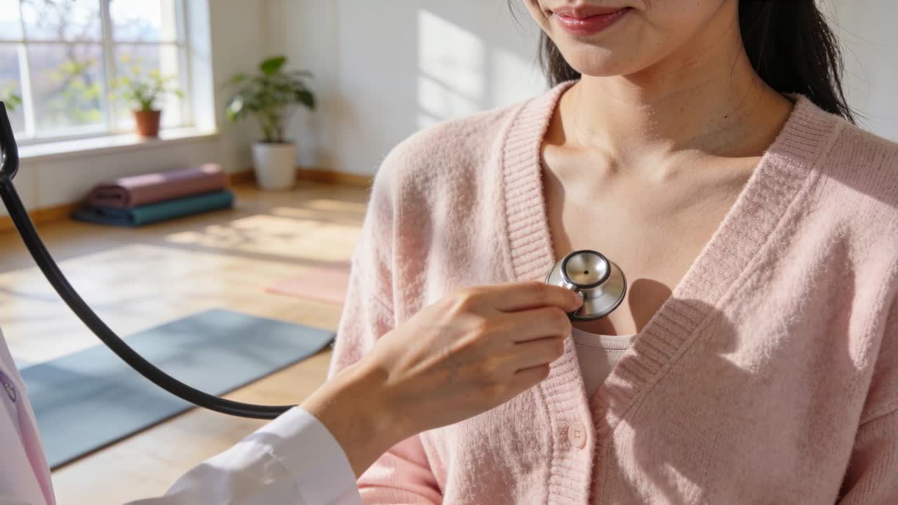 Una dottoressa che sistema lo stetoscopio su una donna seduta in cardigan rosa, in una clinica illuminata dal sole, mentre le controlla il cuore.