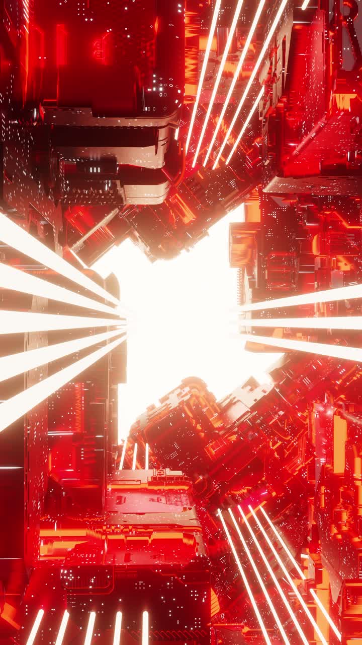 Vertical Gglowing corridor of futuristic spaceship. 3d animation