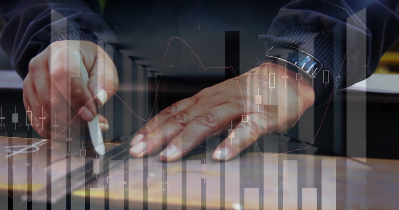 Vertical video: Worker hands aligning ruler, cutting sheet for precision, overlaying finance charts