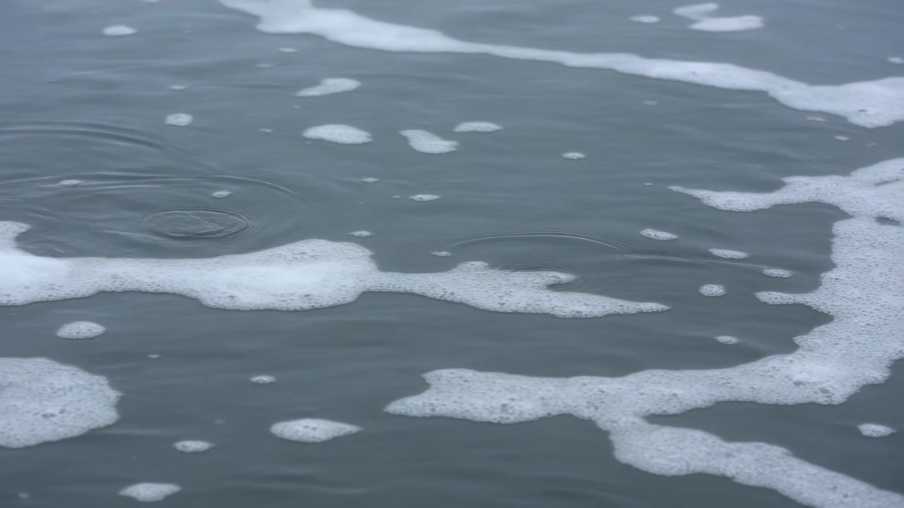 Rippling seawater surface with foam patches shifting by gentle currents at coast, ripple expanding