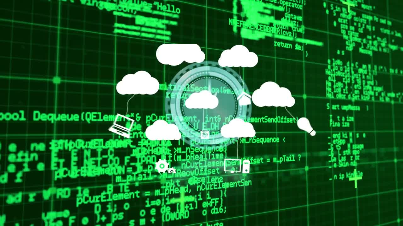 animación de nubes con iconos sobre reloj en movimiento y procesamiento de datos